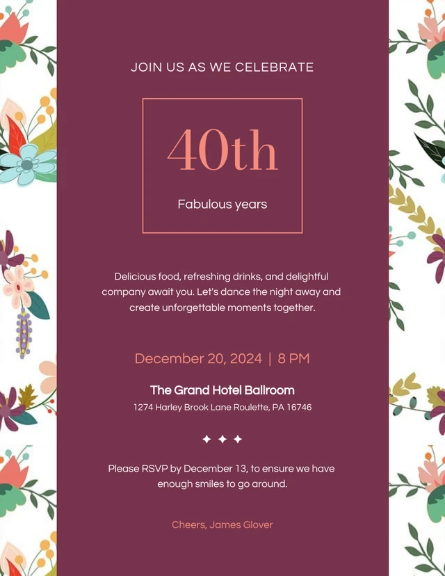 Modèle d'invitation au 40e anniversaire floral marron