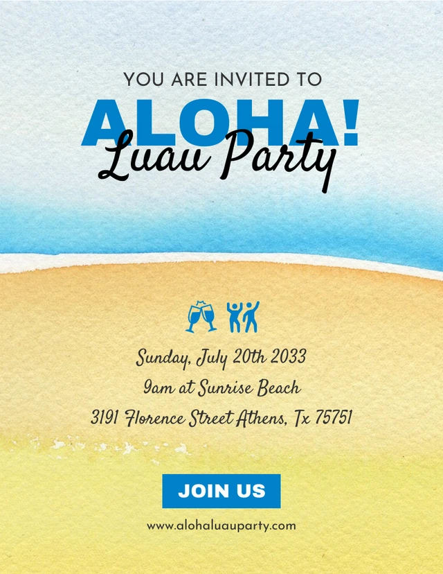 Blue Vintage Classic Watercolor Beach Luau Party Invitation Template