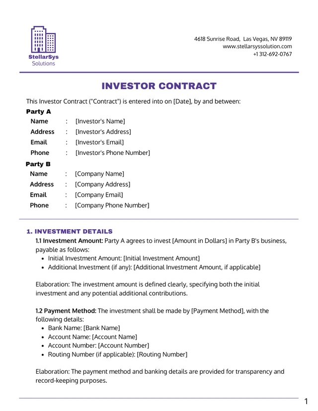 Purple and White Minimalist Investor Contract - Page 1