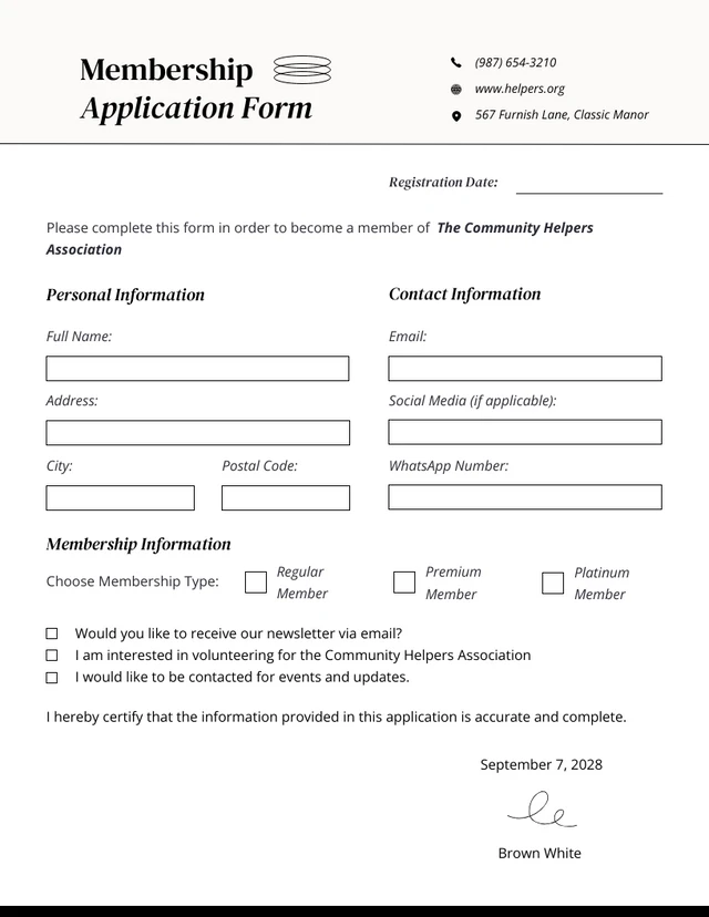 Simple White Outline Membership Form Template