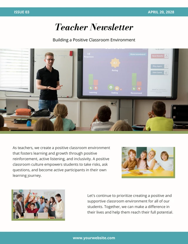 Blanc Sarcelle Vert Enseignant Construire une salle de classe positive Bulletin d'information