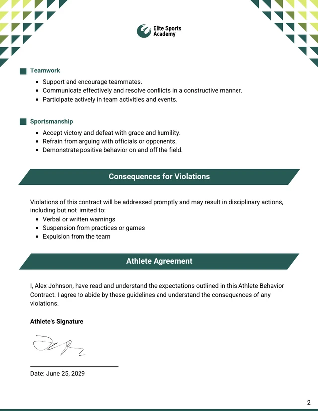 Athlete Behavior Contract Template - page 2