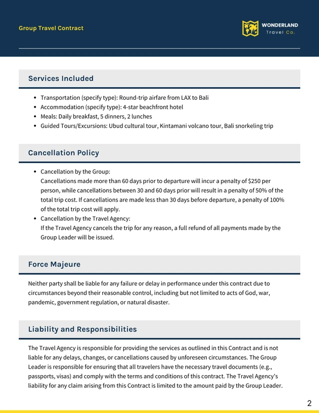 Group Travel Contract Template - page 2