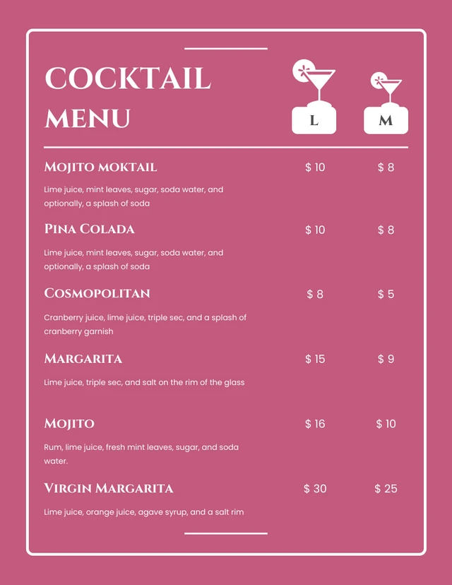 Modèle de menus de cocktails simples rétro gris et blanc