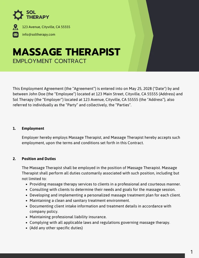 Massage Therapist Employment Contract Template - Seite 1