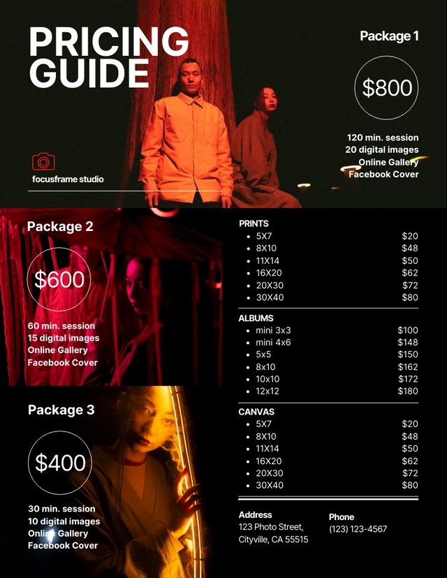Simple Dark Photography Price List Template