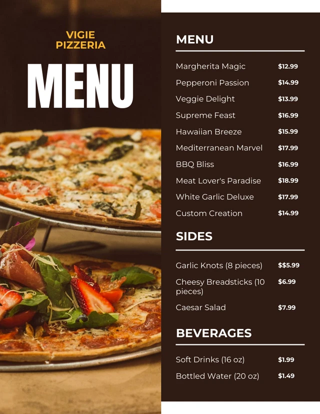 Modèle de menu de pizza photo simple marron foncé