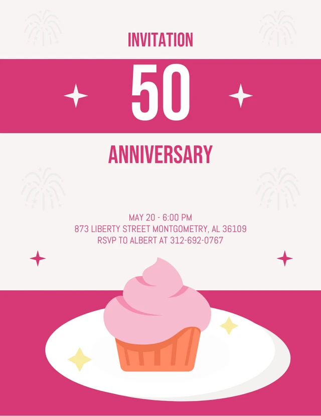 Pink Cheerful Illustration Cake Sparkle 50th Birthday Invitation Template
