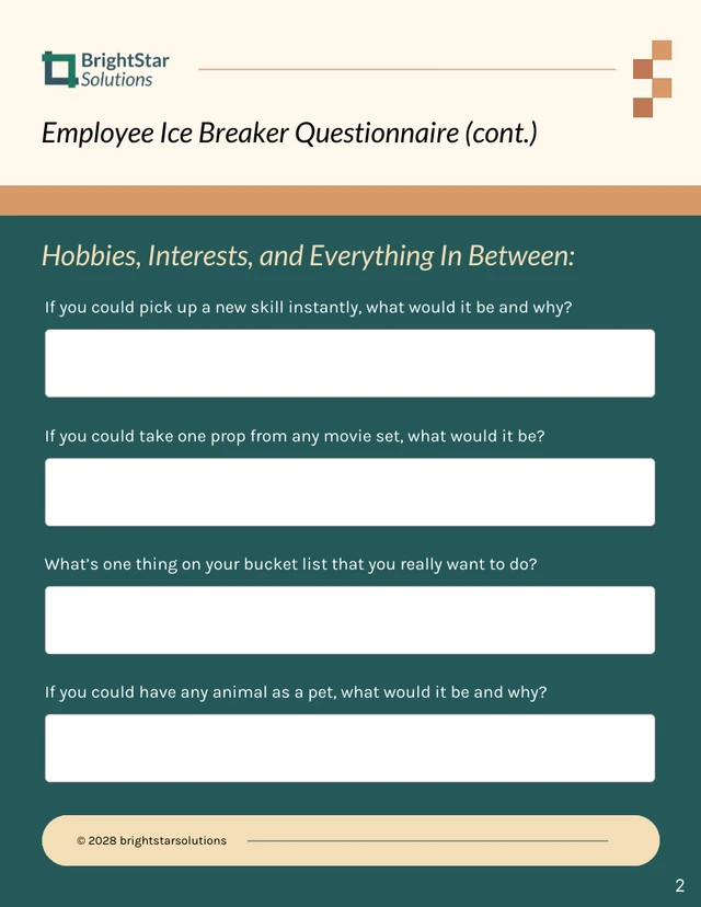 Ice Breaker Questionnaire for Team Engagement HR Forms - page 2