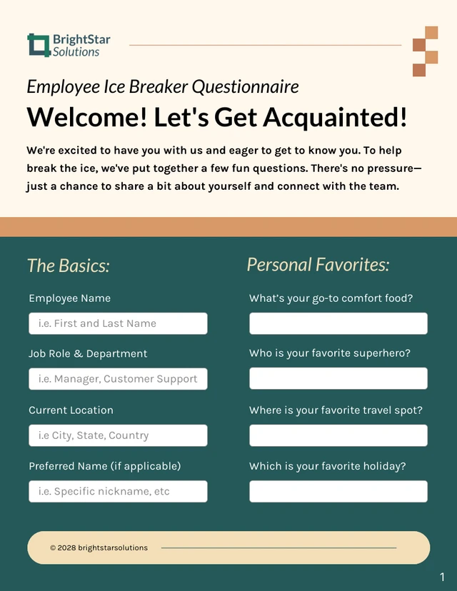 Ice Breaker Questionnaire for Team Engagement HR Forms - page 1