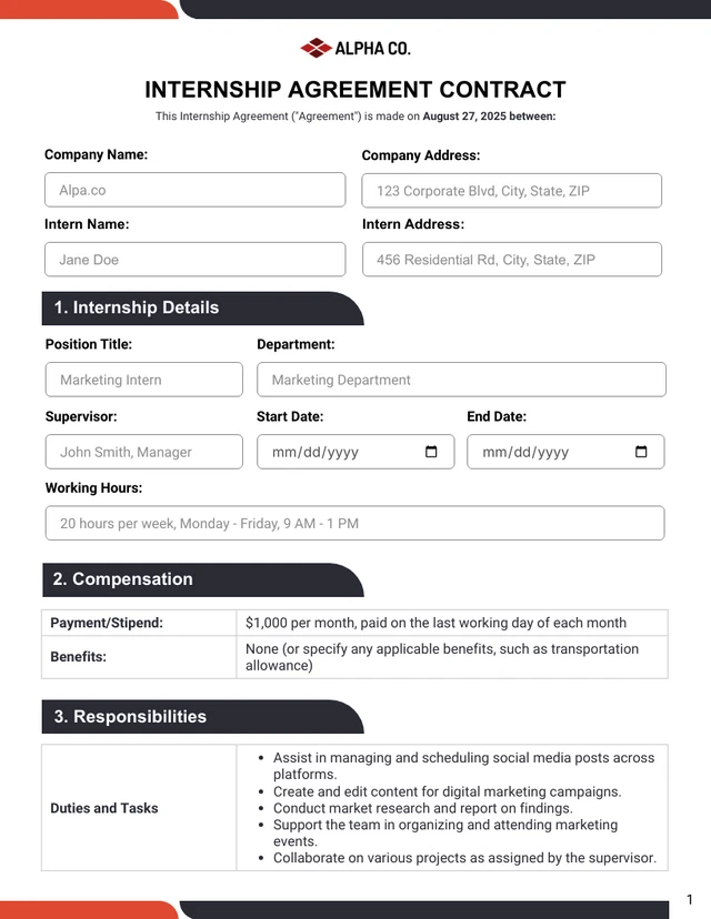 Internship Agreement Contract - page 1