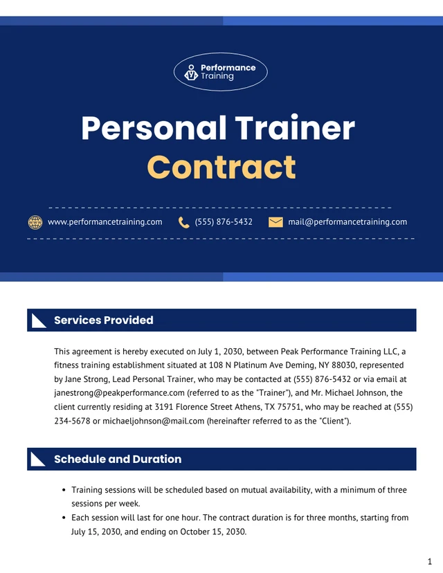 Personal Trainer Contract Template - Page 1