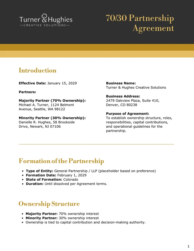 70/30 Partnership Agreement Template - page 1
