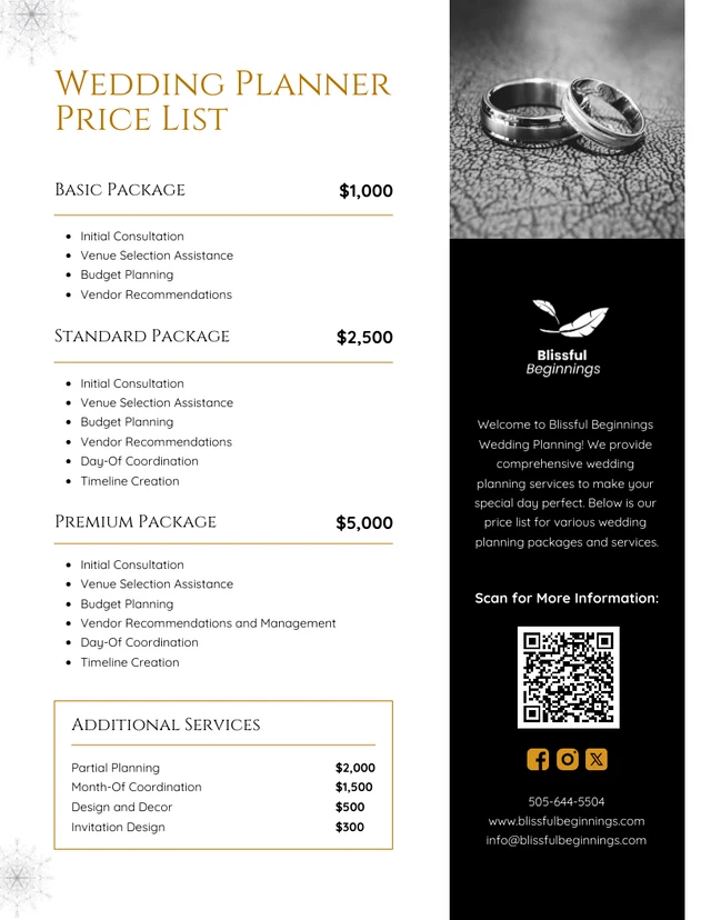 Wedding Planner Price List Template