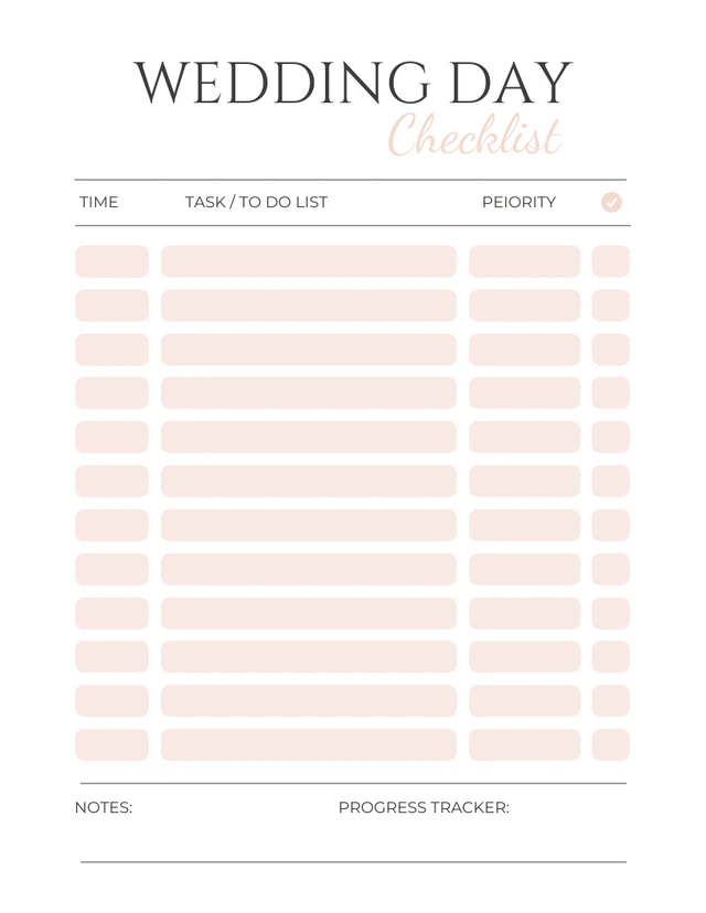 White and Peach Wedding Day Checklist Schedule