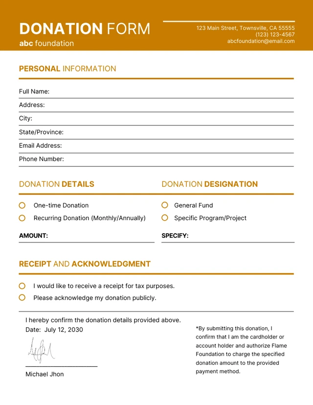 Simple Orange and White Donation Form Template