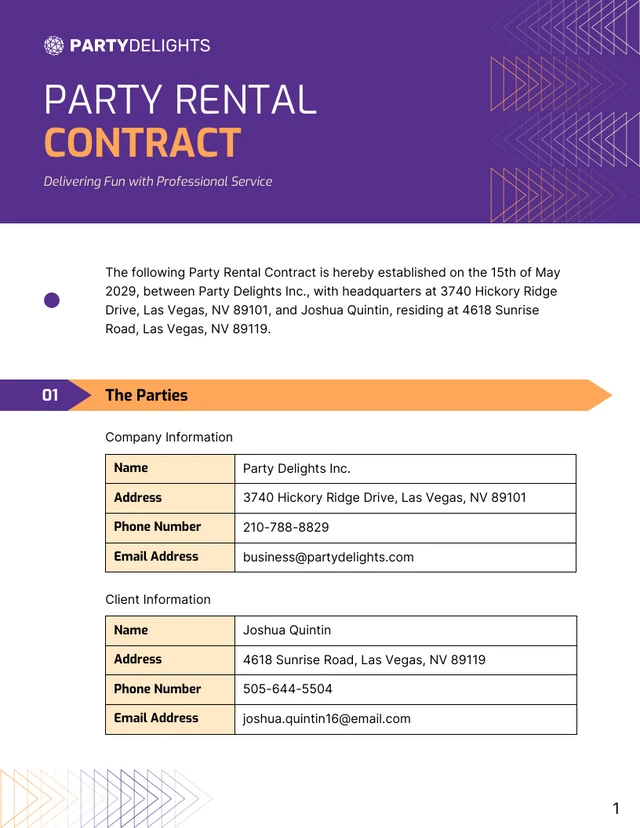 Party Rental Contract Template - Page 1