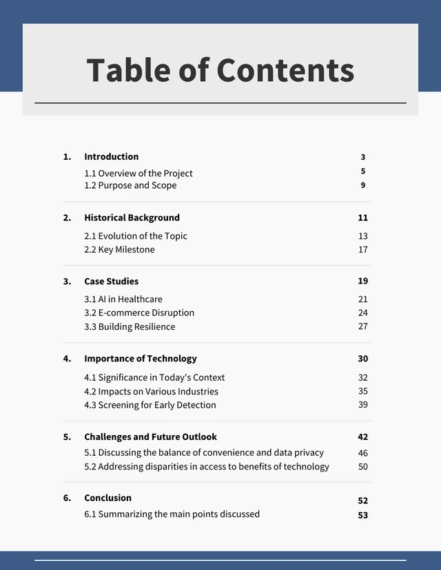Modèle de table des matières de rapport minimaliste bleu et gris