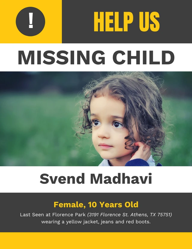 Modern Black And Yellow Missing Person Poster Template
