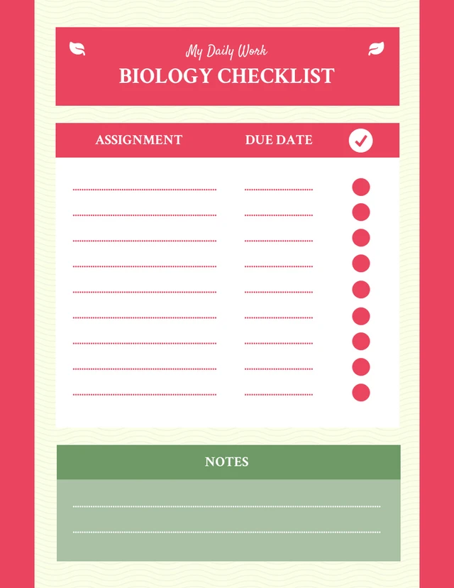 Light Yellow And Red Daily Work Biology Checklist