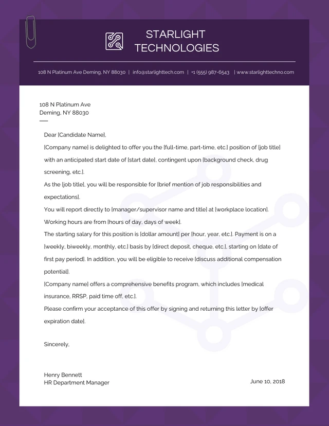 Purple simple minimalist technology Offer Letter Template