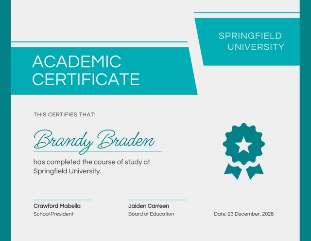 Modèle de certificat académique minimaliste blanc et bleu sarcelle