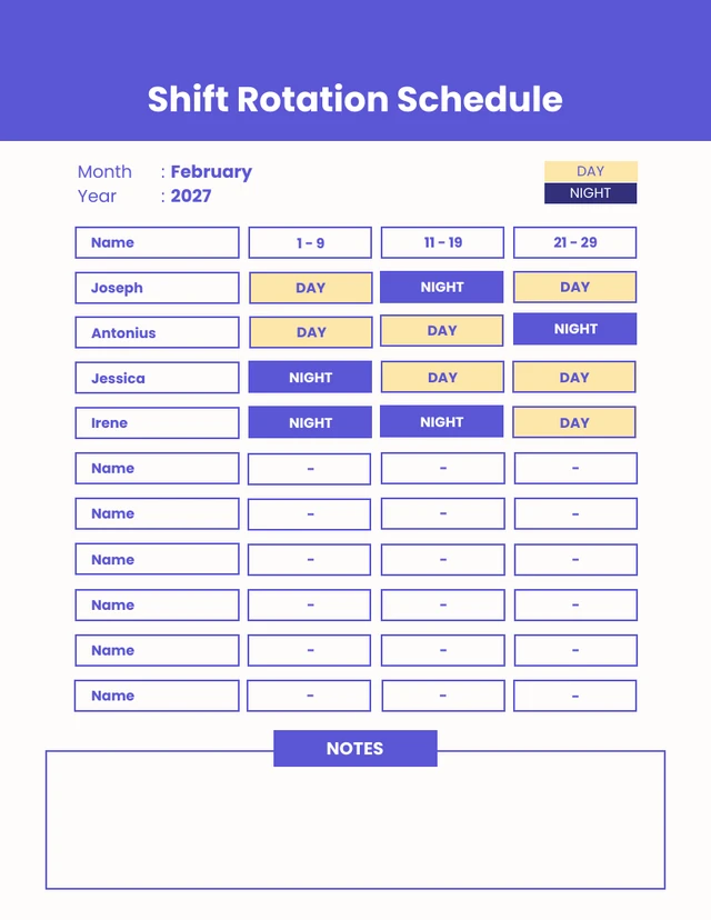 Shift Rotation Work Schedule Template