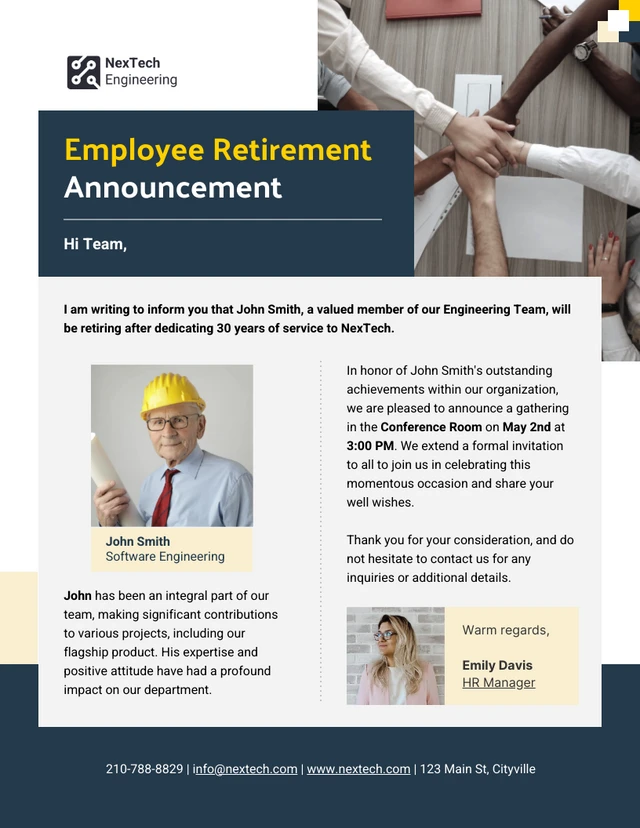 Modelo de boletim informativo por e-mail para anúncio de aposentadoria de funcionário