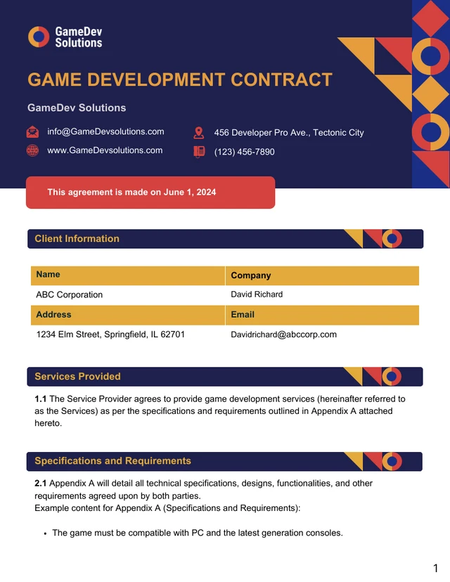 Game Development Contract Template - Pagina 1