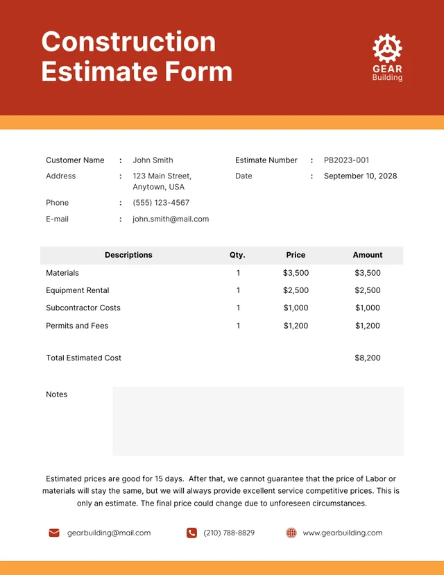 Red and Orange Simple Construction Estimate Template
