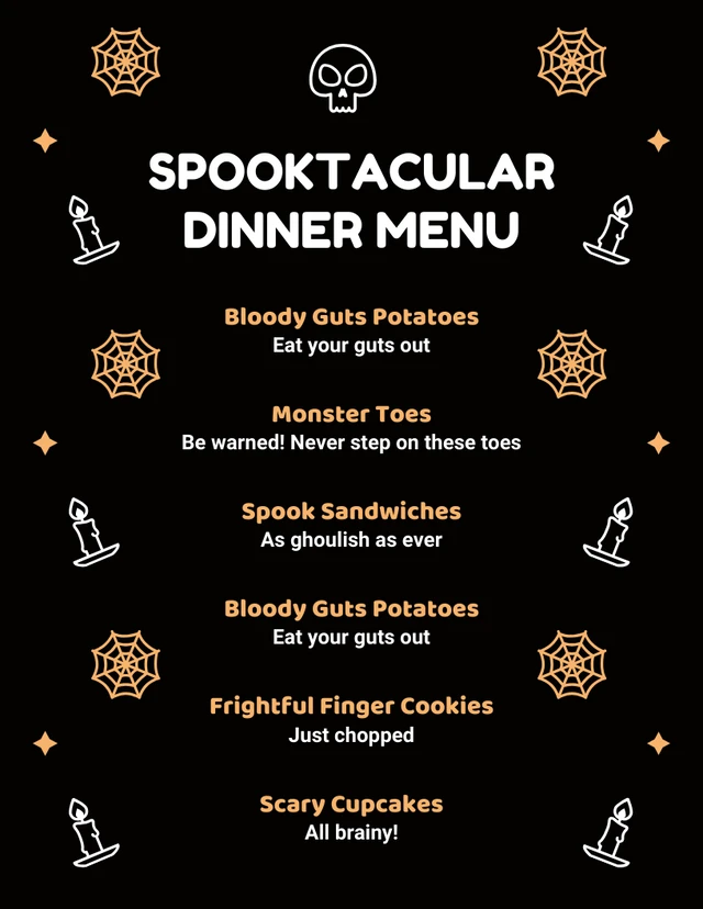 Modèle de menu de dîner d'Halloween d'illustration ludique moderne noir