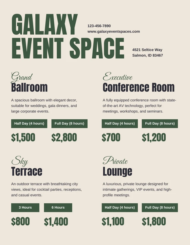 Event Space Rental Price List Template