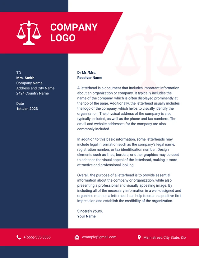 Blue And Red Minimalist Law Firm Letterhead Template (Modèle de papier à en-tête pour cabinet d'avocats)