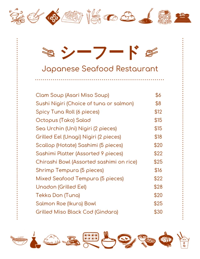 White And Maroon Classic Illustration Seafood Menu Template