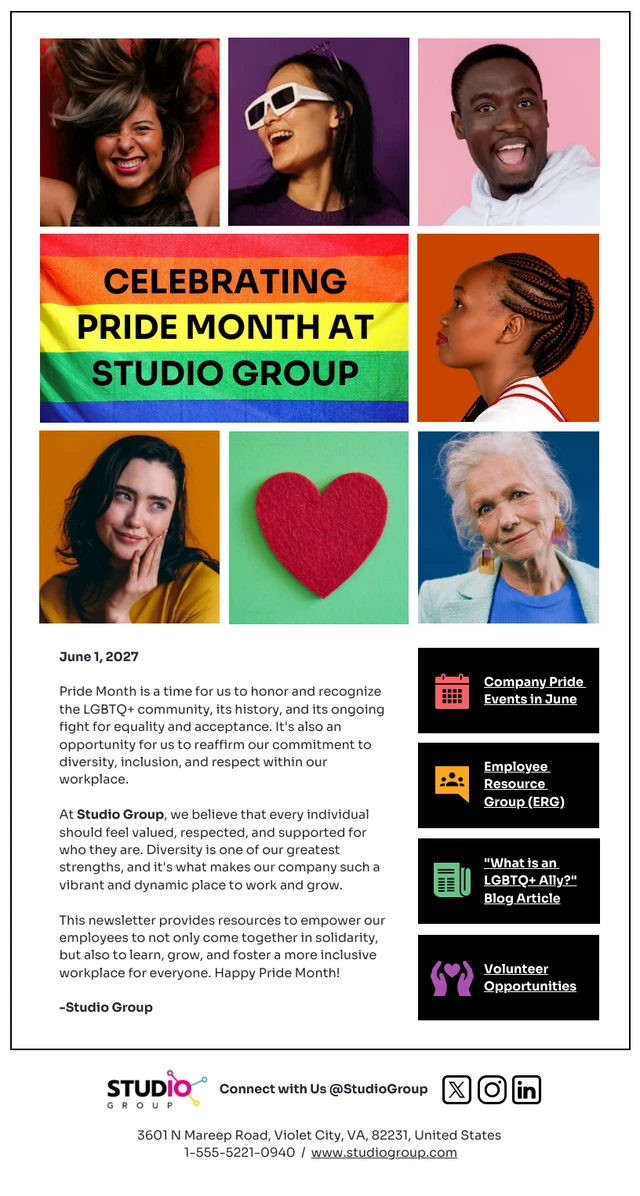 Plantilla de boletín informativo por correo electrónico para celebrar el mes del orgullo en el lugar de trabajo