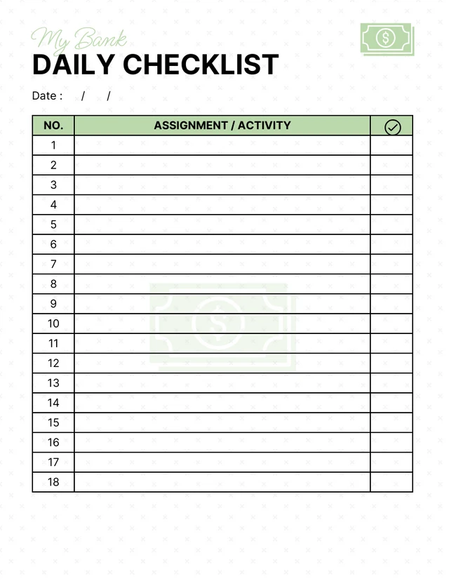 White And Light Green Minimalist Daily Bank Checklist