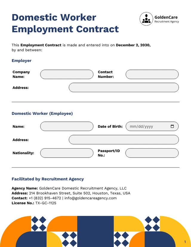 Domestic Worker Contract Template - Seite 1