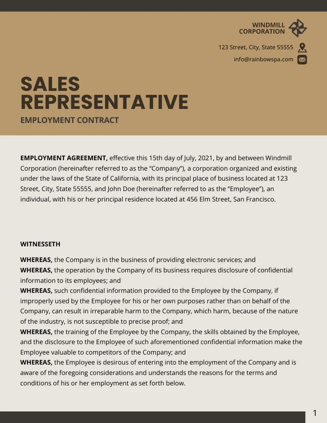 Sales Representative Employment Contract Template - Seite 1