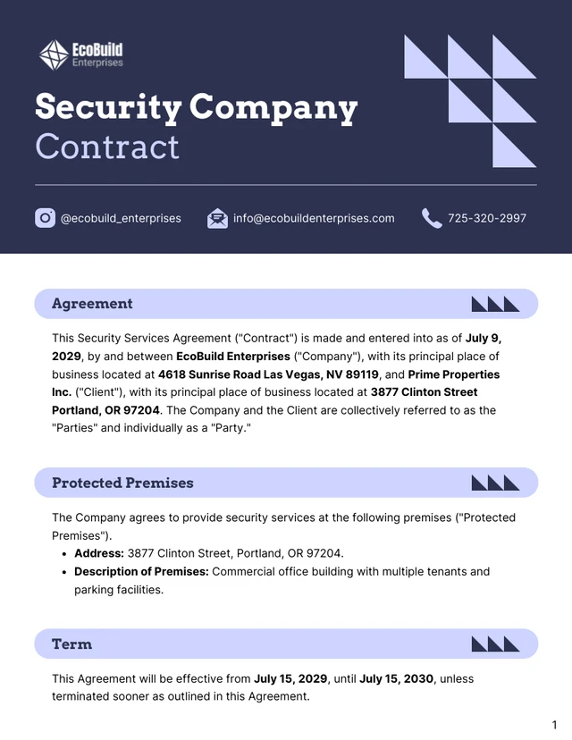 Security Company Contract Template - page 1