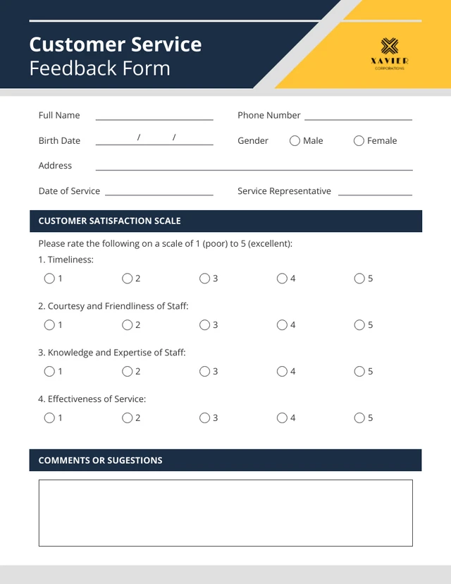 Blue and Yellow Minimalist Customer Service Form Template