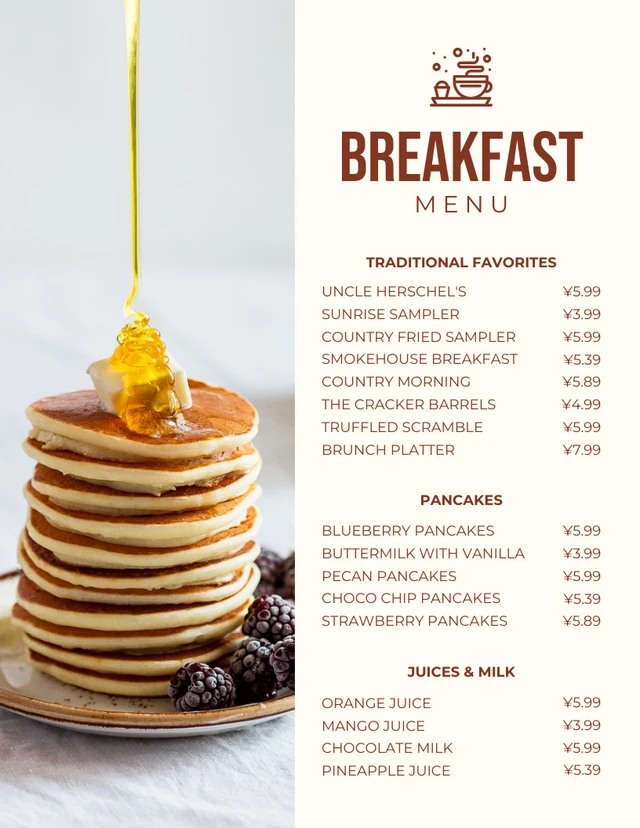 Modèle de menu de petit-déjeuner minimaliste beige et marron
