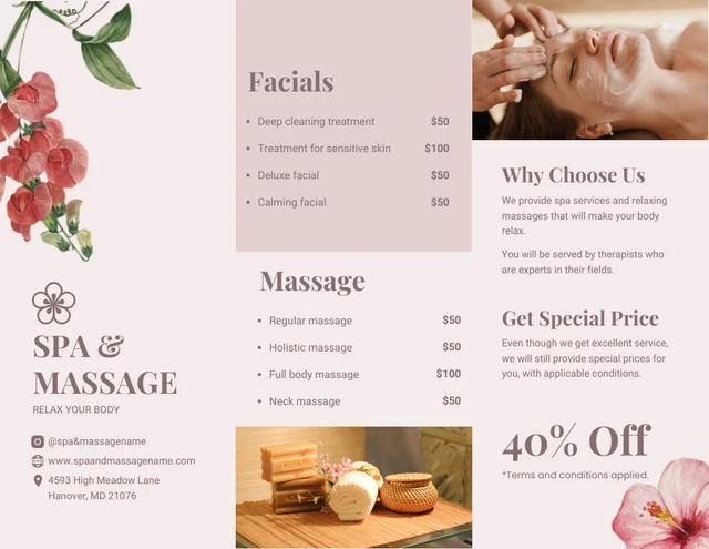 Pink Simple Elegant Modern Flower Massage Spa Brochure - Seite 2