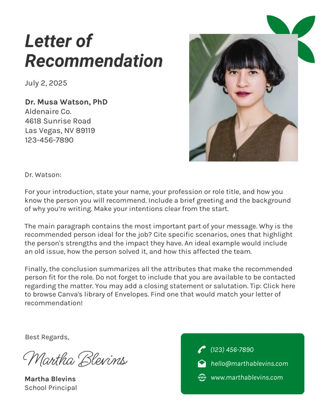 White And Green Professional Recommendation Letters Template