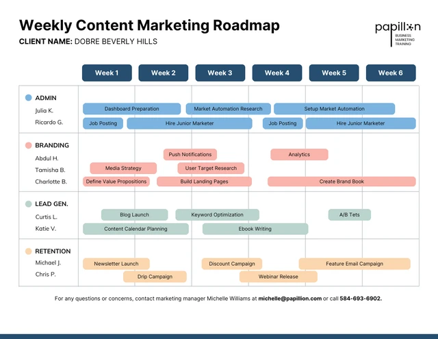 Modèle de feuille de route hebdomadaire minimale de marketing de contenu