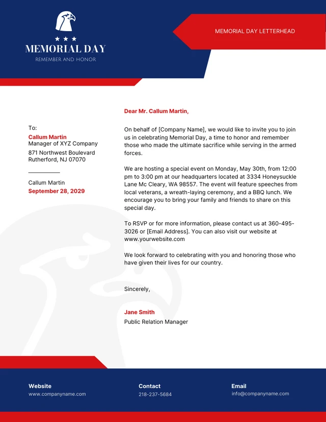 Eagle Blue And Red Memorial Day Letterhead