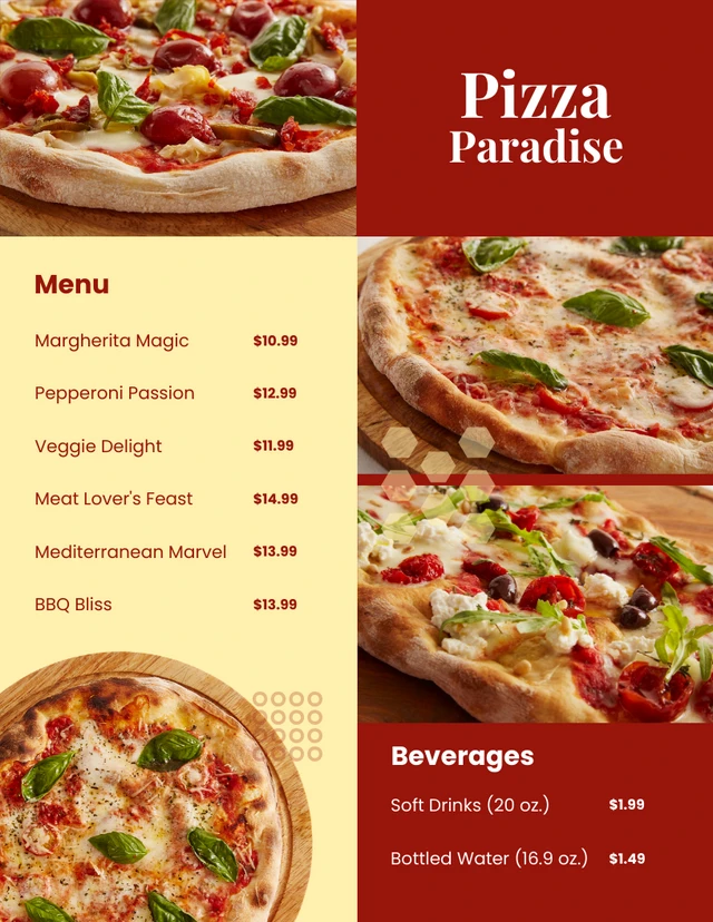 Modèle de menu de pizza de collage de photos minimaliste jaune et rouge