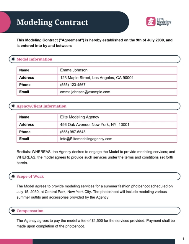 Modeling Contract Template - Seite 1