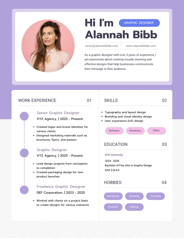 Purpel and White Graphic Designer Resume Template