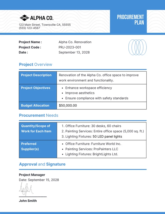 Simple Blue and White Procurement Plans Template