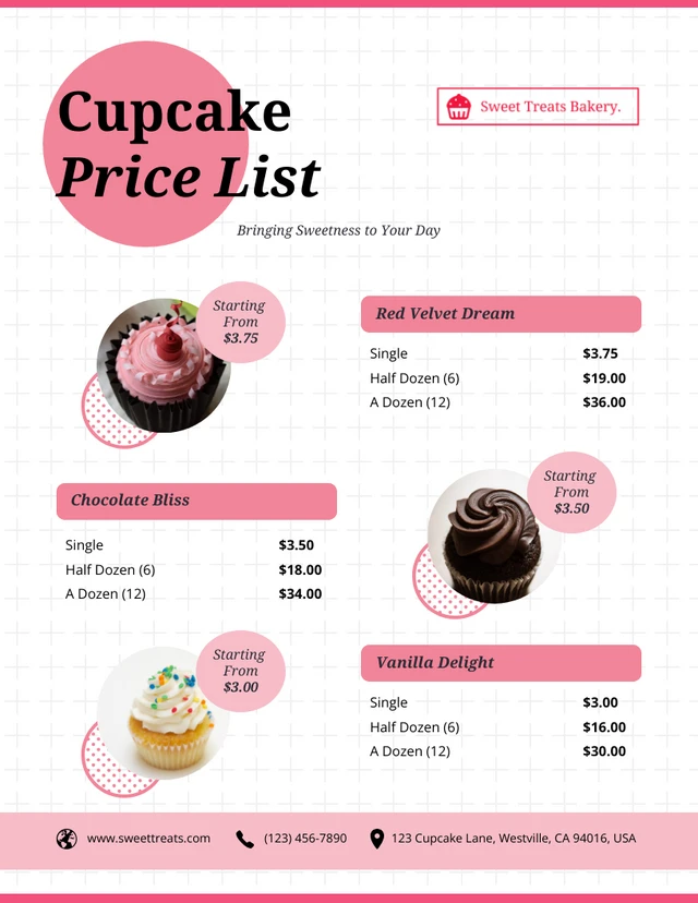 Plantilla de lista de precios de cupcakes